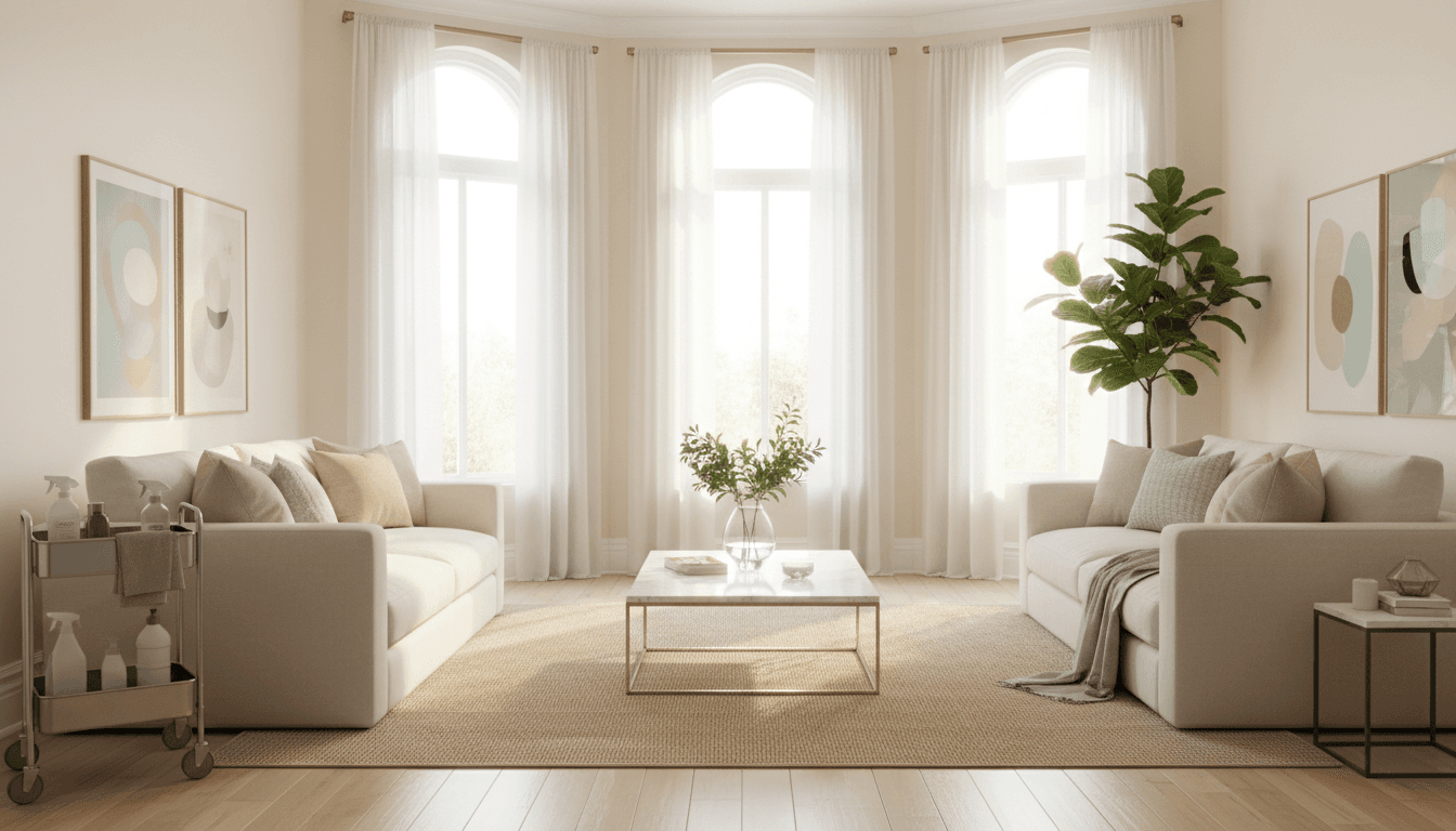 Bright living room with clean surfaces and sunlit windows