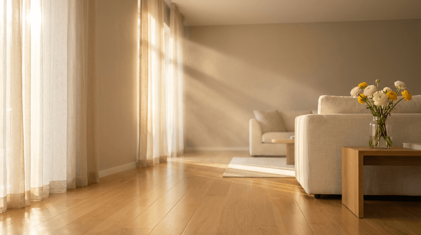 Bright and spotless living room with sunlight streaming through large windows