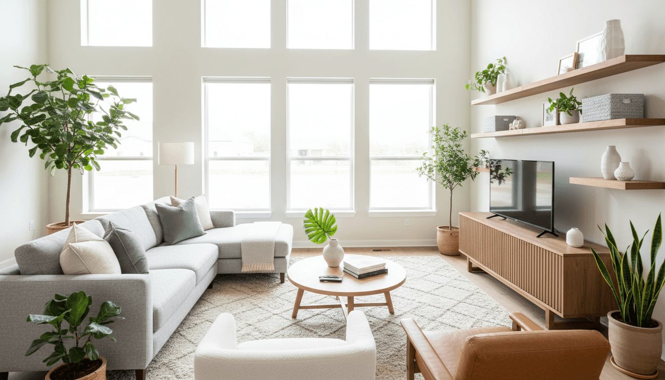 Bright living room with sunlight and spotless surfaces