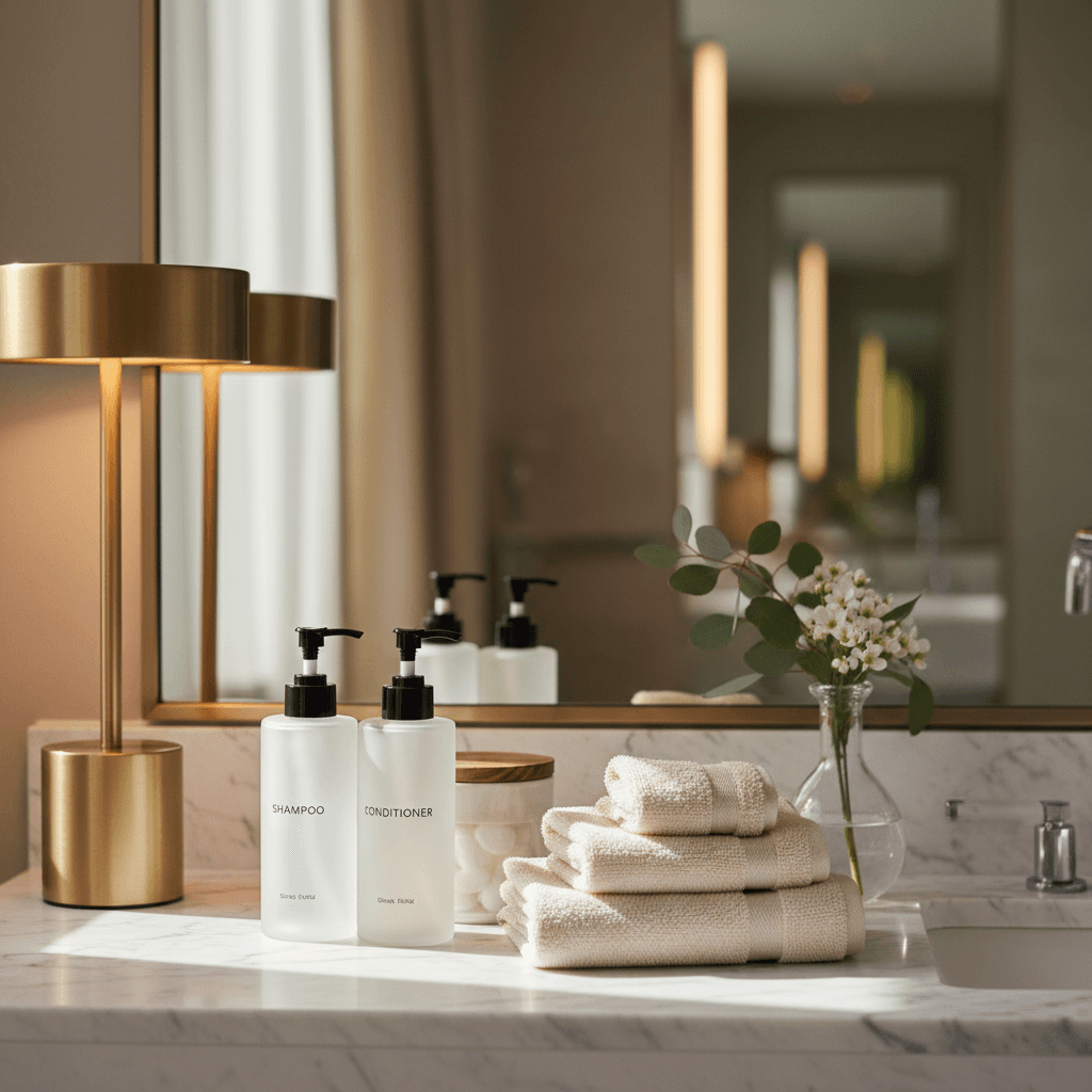 Spotless bathroom with gleaming porcelain and polished mirror