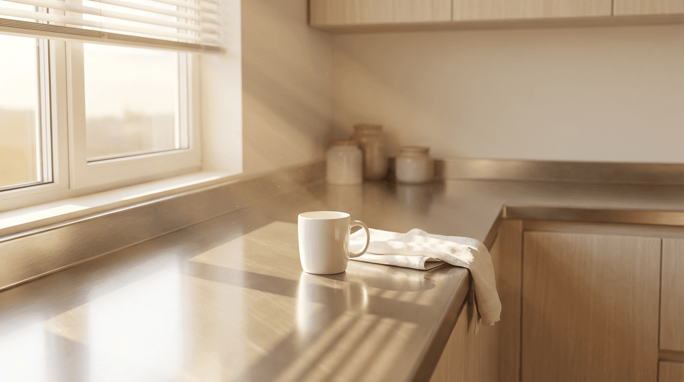 Bright kitchen with clean countertops and cleaning supplies