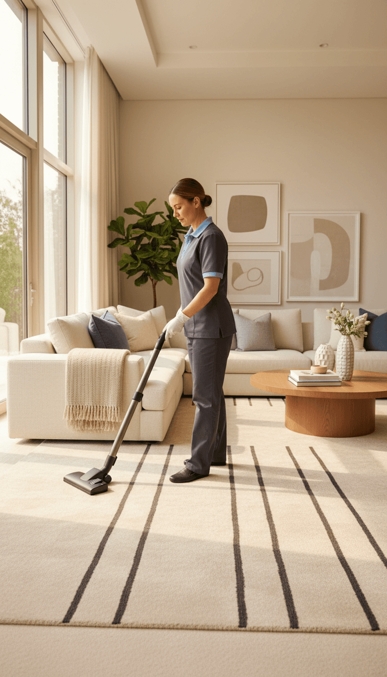 Professional cleaner vacuuming a plush residential carpet