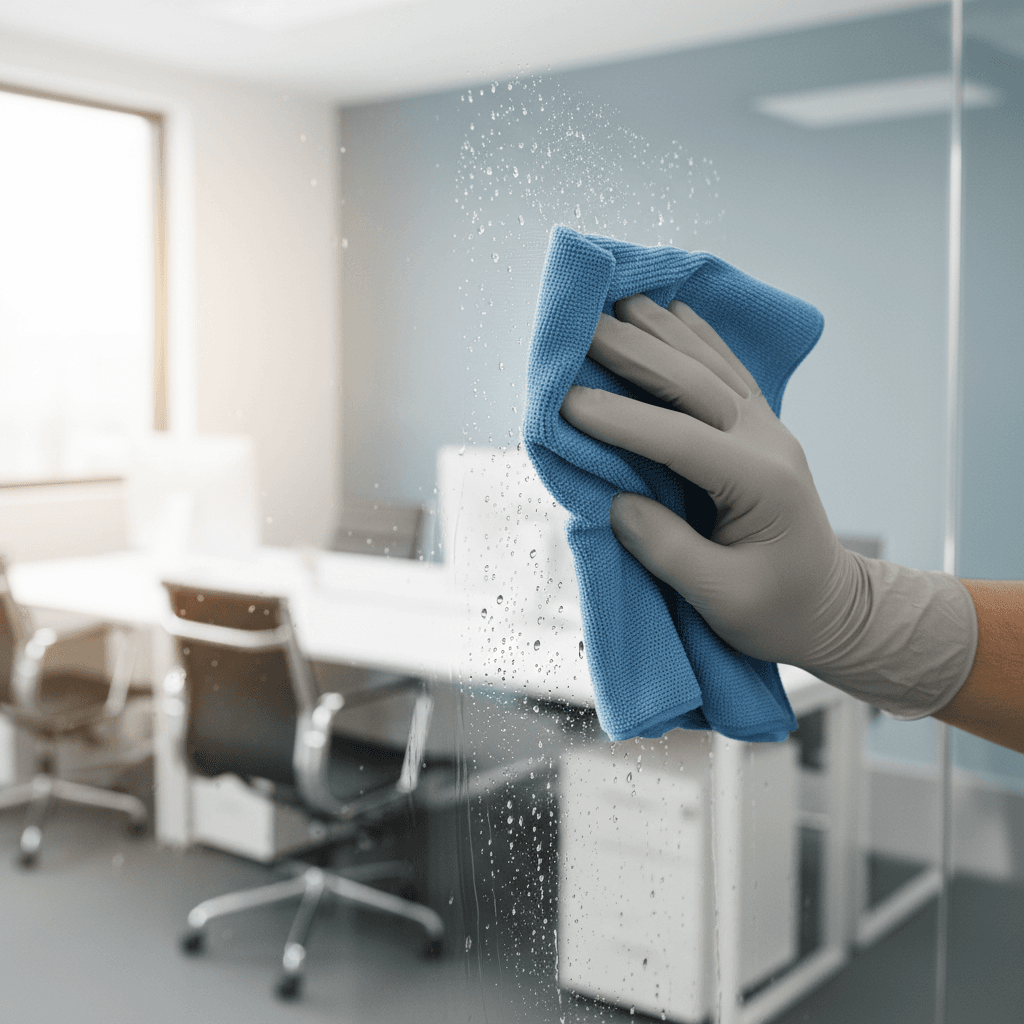 Cleaner wiping a glass office partition until streak-free