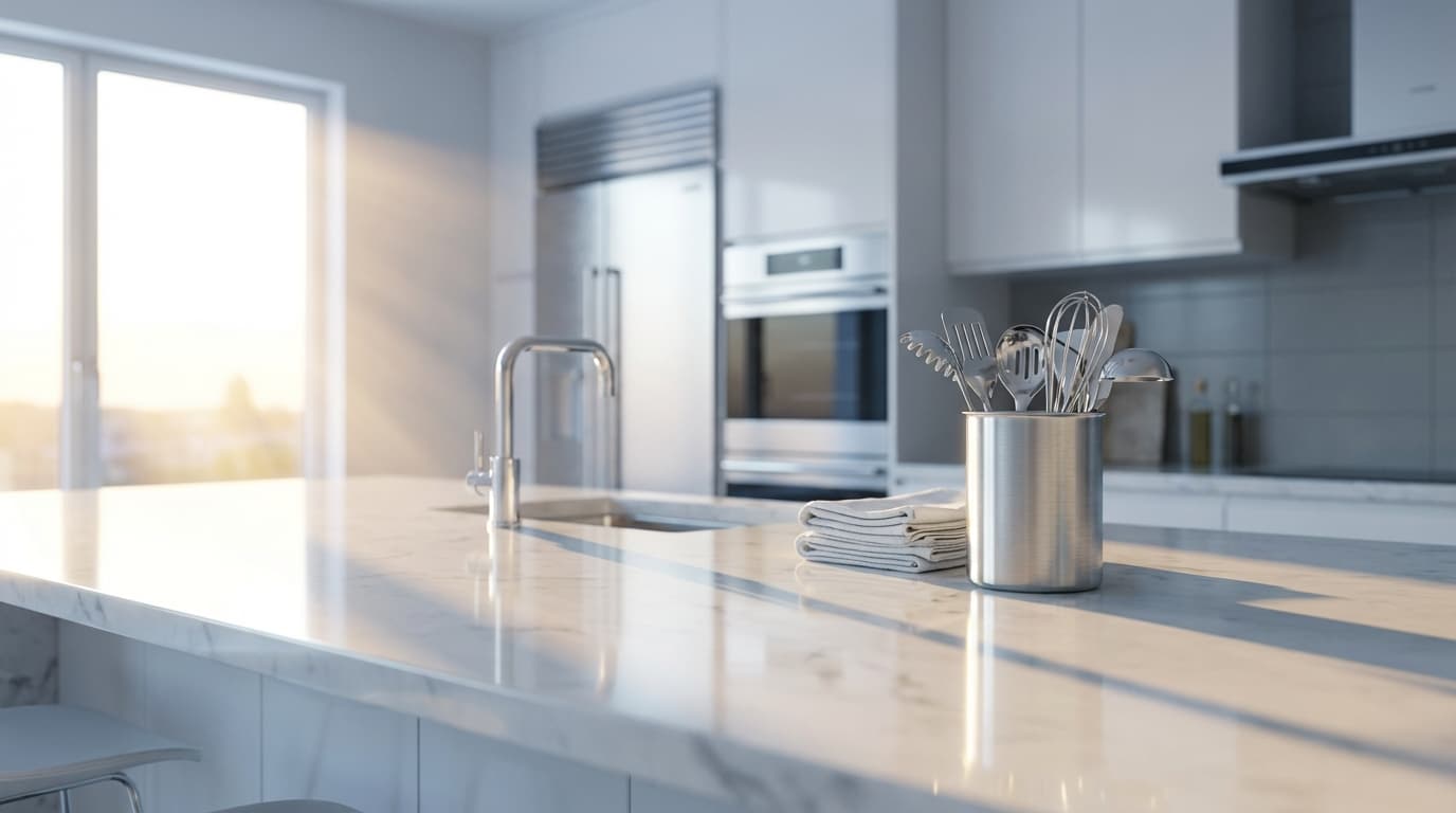 Modern kitchen with gleaming countertops after a deep clean